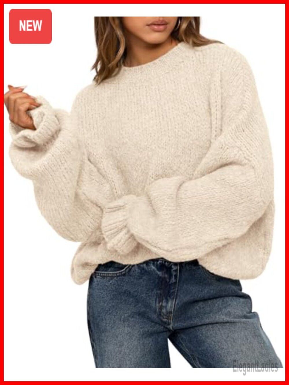 Oversized Chunky Knit Sweater Crew Neck Ruffle Cuff Pullover